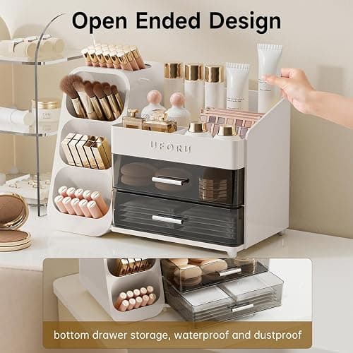 UFORU Makeup Organizer for Vanity with Brush Holder, Countertop Skincare Organizer with 2 Drawers, Spacious Cosmetic Display Case for Perfumes, Eyeshadow Palettes, Nail Polishes thumbnail 5