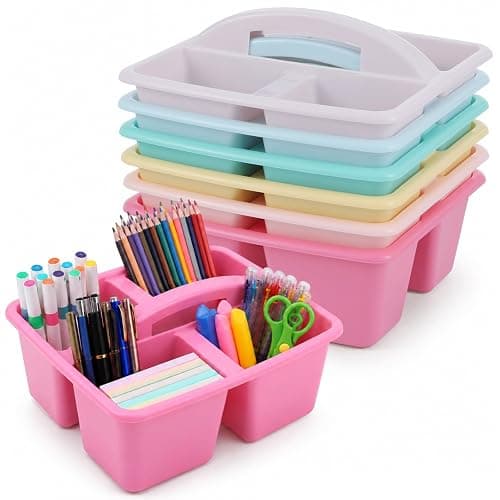 6 Pack Assorted Colors Classrooms Caddy 4 Compartment Classroom Caddy Compartment Caddies Set Table Caddies Classrooms with Handle for Classroom Organization Table Desk Office Supplies(Pink Purple) - Image 1
