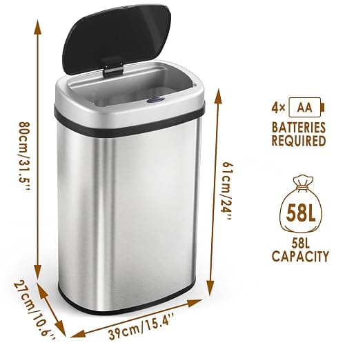 display4top Stainless Steel Automatic Touchless Kitchen Bathroom Sensor Bin,Trash Can,Touch Bin (58LRound) thumbnail 3