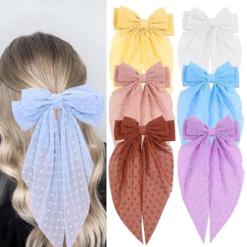Loqpol 6 PCS Chiffon Hair Bows, Oversized Long Tail Bows with Aliigator Clips, Coquette Hair Accessories for Women and Girls (Red-Lavender-Pink-Yellow-Blue-White) - Image 1