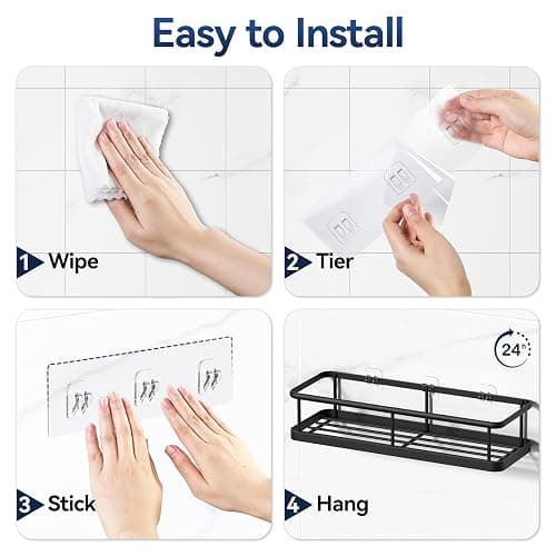 YASONIC Shower Caddy Adhesive, No Drill Bathroom Shower Organizers, with Removable Hooks and Soap Holder, Rust Proof Shower Shelves, Wall-Mounted Shower Holder, 3 Pack, Black thumbnail 8