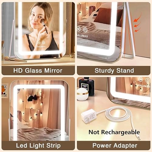 halumao Vanity Mirror with Lights, 14.5" Light Up Makeup Mirror, LED Makeup Mirror with Lights for Bedroom Tabletop, Smart Touch Control 3 Colors Dimmable, 360° Rotation thumbnail 5