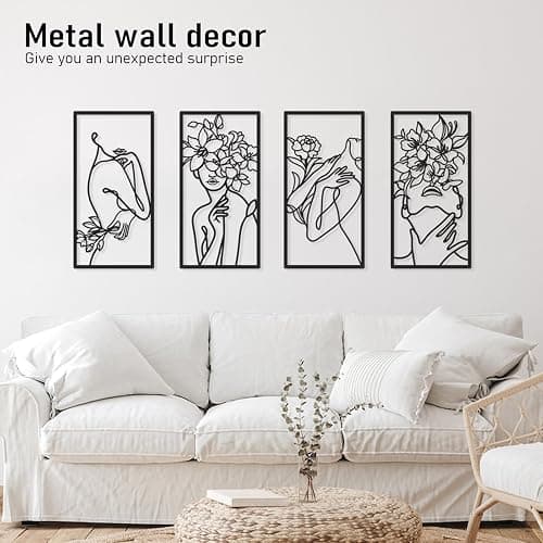 Bakovity Black Metal Wall Decor, Abstract Woman Wall Art, Minimalist Line Wall Decor, Modern Aesthetic Metal Wall Art for Bedroom Bathroom Living Room (4 Pcs, 17 x 9 in) - Dark Black thumbnail 5