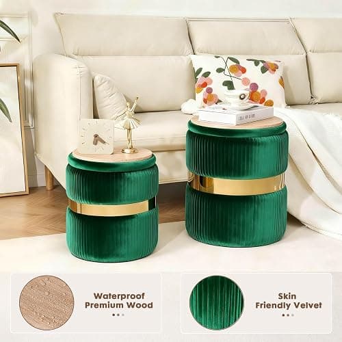 2BYF Round Ottoman with Storage Set of 2 Vanity Stool Foot Rest with Removable Lid for Bedroom Green Velvet Storage Ottoman Stool for Living Room Bedroom and Dorm thumbnail 3