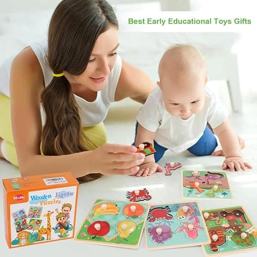 Wooden Peg Puzzles for Toddlers 1-3, Kids' Educational Preschool Peg Puzzle Toy, Set of 4 Toddler Puzzles - Farm, Dinosaur, Fruit and Marine Animals, Ideal Gift for Ages 1 2 3 Boys and Girls - Style a thumbnail 6