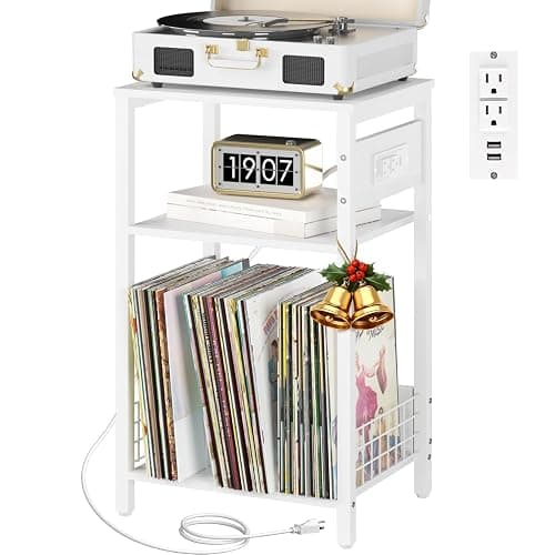Yoobure Record Player Stand, 3-Tier White Side Table with Charging Station, Small End Table Record Holder with Vinyl Storage, Beside Tables Turntable Stand for Album CD, Night Stand for Living Room - Image 1