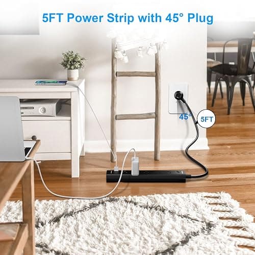 2 Pack Power Strip Surge Protector-5 Widely Spaced Outlets 3 USB Ports(1 USB C Port),1250W/10A with 5Ft Extension Cord, Power Strips with Surge Protection, Wall Mount for Home Office,Black thumbnail 6
