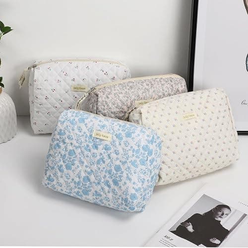Sightor Cotton Makeup Bag, Kawaii Floral Cosmetic Bag Large Travel Toiletry Bag, Quilted Cosmetic Pouch for Women (Cerulean Blue) thumbnail 7