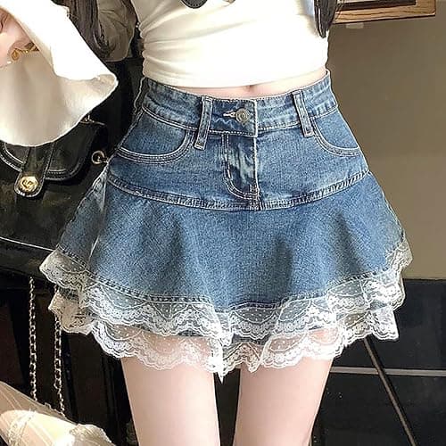 YMSHOPE Denim mini Skirt A-Shaped Cake Bustier Skirt with Safety Trousers Lined high-Waisted Ruffled Edge Hip Short Skirt thumbnail 4