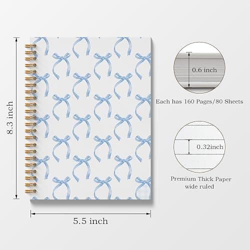Poecinvi Blue Coquette Bow Spiral Journal Notebook 5.5x8.3, Preppy Spiral Journal Notebooks for School, Coquette Preppy School Supplies Notebooks, Blue Bow Journal for Women - Blue bow thumbnail 3