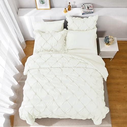 JOLLYVOGUE Ivory Full Size Comforter Sets 7 Pieces, Pintuck Bed in a Bag Comforter Set for Bedroom, Bedding Comforter Sets with Comforter, Sheets, Ruffled Shams & Pillowcases thumbnail 8
