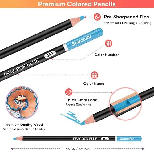 Soucolor 180-Color Artist Colored Pencils Set for Adult Coloring Books, Soft Core, Professional Numbered Art Drawing Pencils for Sketching Shading Blending Crafting, Gift Tin Box for Beginners Kids thumbnail 4