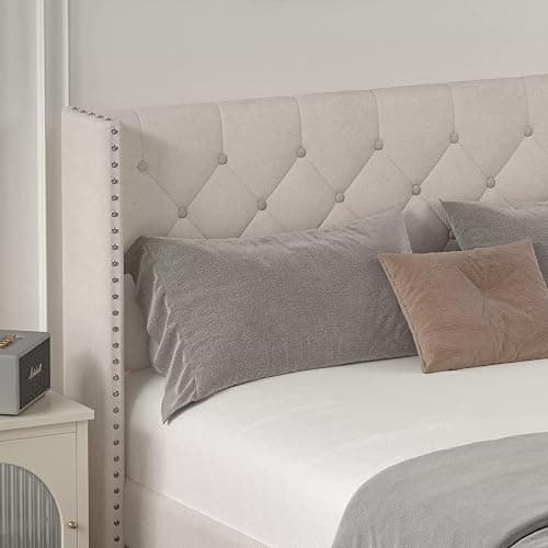 DOGIBIXO Queen Size Bed Frame with LED Lights, Upholstered Bed Frame with Wingback Diamond Tufted Headboard, Wood Slats Support, Noise-Free, Easy Assembly, No Box Spring Needed, Beige - Beige - Queen thumbnail 4
