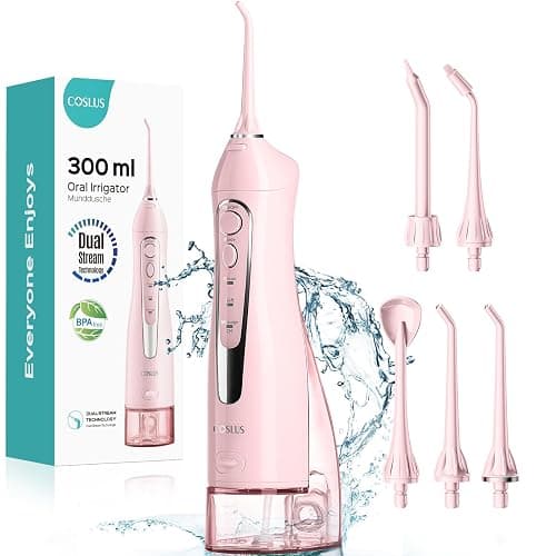 COSLUS Water Dental Flosser Teeth Pick: Portable Cordless Oral Irrigator 300ML Rechargeable Travel Irrigation Cleaner IPX7 Waterproof Electric Flossing Machine for Teeth Cleaning C20(F5020E) Pink - Image 1