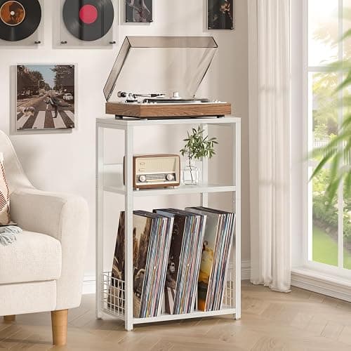 LELELINKY Large White Record Player Stand, 3 Tier 18" Wide Big End Table with Vinyl Storage Up to 130 Albums, Industrial Turntable Printer Tables, Modern Side Tables for Living Room, Bedroom, Office thumbnail 5