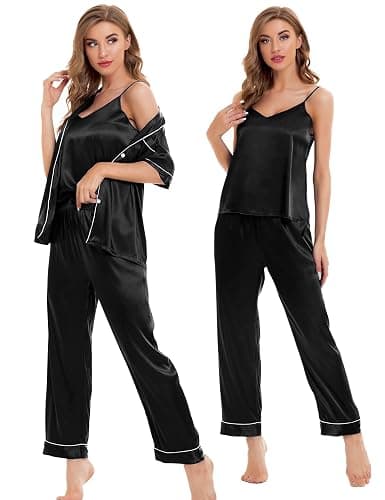 SWOMOG Womens Silk Satin Pajamas Sets 4pcs Sleepwear Sexy Cami Shorts Set and Button Down Short Sleeve Pjs Loungewear thumbnail 5