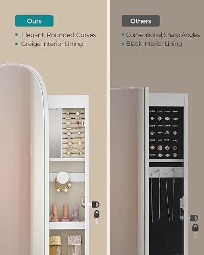 SONGMICS Jewelry Organizer, LED Jewelry Cabinet, Wall/Door Mounted | Rounded Wide Mirror with Storage, Cloud White Surface with Tan Lining, AILEAS Collection UJJC026W01 thumbnail 4