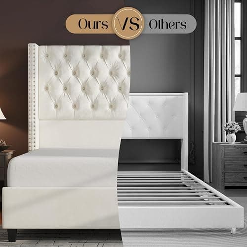 Jocisland Upholstered Bed Frame with Tall Headboard Wingback Platform Bed Tufted Deep Button Velvet/No Box Spring Needed/Easy Assembly (Cream, Queen) thumbnail 6