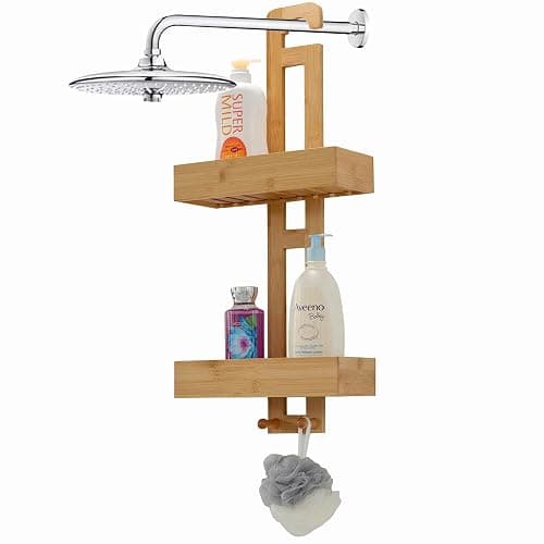 Basicwise Bathroom Multi-function Natural Bamboo Storage Rack Over Shower Head Organizer, Shower Ball, Shampoo, Conditioner, Soap Holder - Image 1