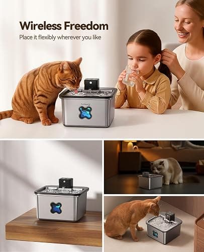 Cat Water Fountain Cordless: [Visual Filter] & [Heavy-Duty Stainless Steel] FEELNEEDY- Premium, Durable Design. 3.2L/108oz, 4000mAh Battery Operated Pet Fountain with Sensor, for Cats and Dogs thumbnail 2
