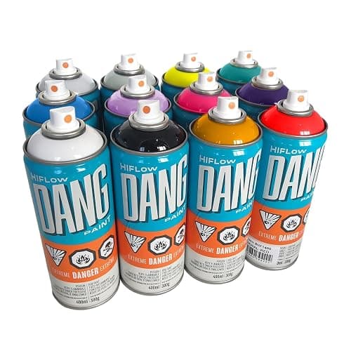 DANG HiFlow High Pressure Graffiti Spray Paint Set of 12 Popular Colors, 400ml Cans, Fast-Drying Gloss Finish, Weather Resistant Graffiti Paint, Ideal for Murals, Metal, Canvas, Orange Dot Fat Caps - Image 1