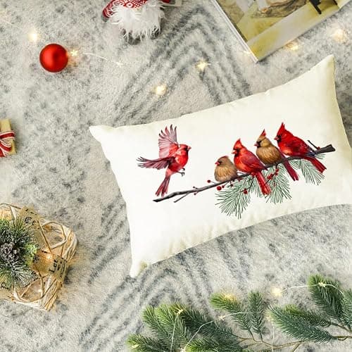 RABUSOFA Christmas Pillow Covers 12x20 Inch,Christmas Decorations Throw Pillow Covers Cardinal Birds Holiday Xmas Decor Cushion Covers for Sofa Home Couch Outdoor Winter Decor Red(18-12) thumbnail 2