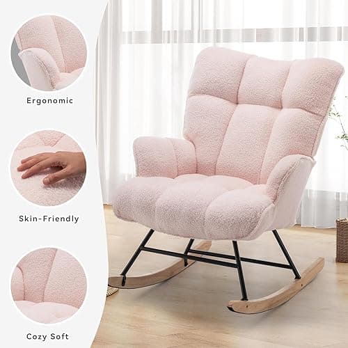 Rocking Chair Nursery Teddy, Upholstered Baby Fluffy Glider Rocker for Adults Indoor, Comfy Sherpa Compact Nursing Chairs for Small Spaces, Living Room, Classroom, Bedroom, Pink thumbnail 4
