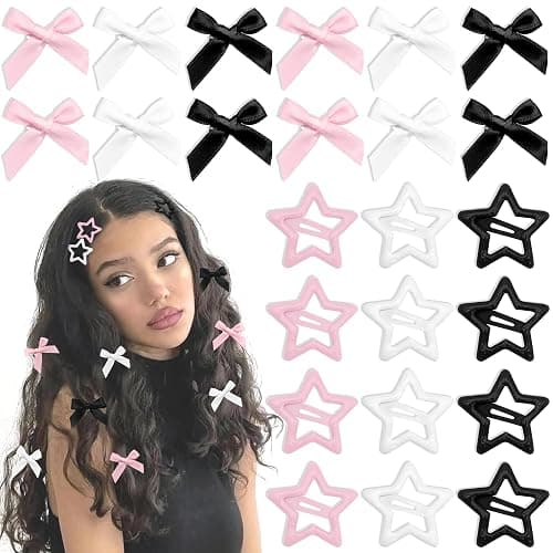 YAEISM 24PCS Bow Hair Clips - 3 Colors Satin Mini Hair Bow Clips Y2K Star Barrettes Bowknot Metal Snap Hair Accessories for Women Girls, Black - Image 1