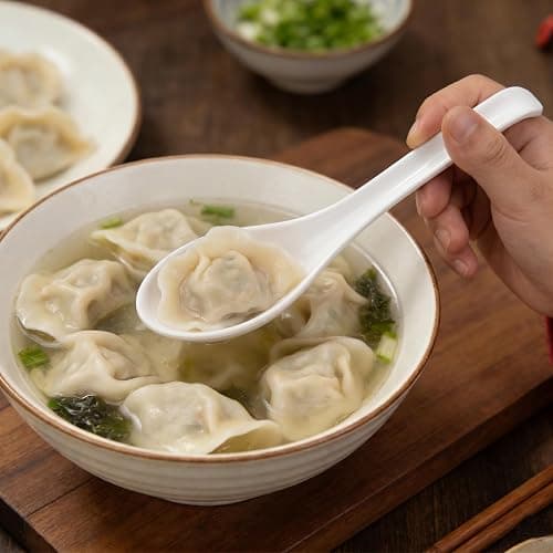 4PCS Asian Soup Spoons, Chinese Japanese Miso Ramen Wonton Dumpling Pho Rice Noodle Soba Soup Spoons, White Melamine Spoons thumbnail 7