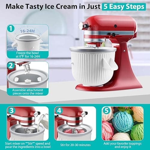 Ice Cream Maker Attachment for KitchenAid Stand Mixer, Ice Cream Bowl Compatible with 4.5Qt and Larger Stand Mixers, Ice Cream & Sorbet Gelato Maker Attachment, 2 Quart, White thumbnail 3