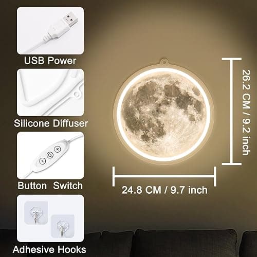 Anywin Moon Neon Light Sign, Moon Wall Lights, Neon Sign for Wall Decor, Led Mood Lighting with Dimmer for Living Room, Bedroom, Home Bar, Gaming Room,Dorm thumbnail 4