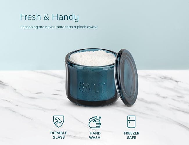 KooK Glass Salt Cellar, with Lid, Embossed Pressed Glass, Clear Storage Container, for Coffee, Sugar, Spices and Candies, Hand Wash Only, 10 oz, (Navy Blue) thumbnail 5