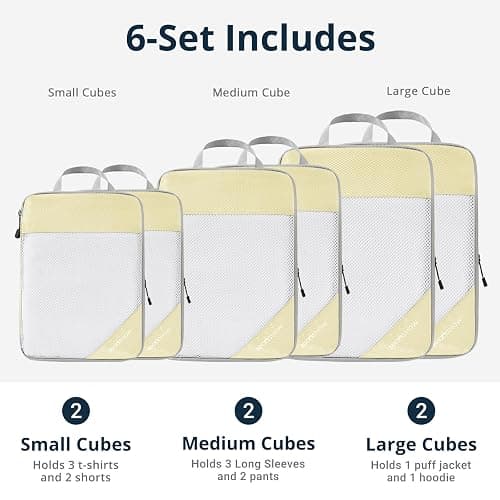 Compression Packing Cubes 6 Set, Compressible Space-Saving Packing Cubes for Travel - Compression Bags, Luggage Organizer, Travel Essentials for Women, Light Yellow thumbnail 3