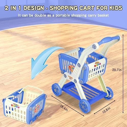 Kids Shopping Cart - 2 in 1 Toy Shopping Cart with Play Food Fruit Vegetable Dessert and Shop Accessories, 72pcs Pretend Play Grocery Store Toy Kitchen Game Trolley Play Set for Kids (Navy Blue) thumbnail 3