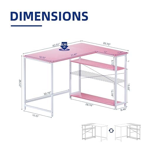 Pamray 43 Inch L Shaped Computer Desk with Reversible Side Storage Shelves, Small Corner Desk for Small Space Home Office,Writing Study Table PC Desk for Bedroom,Pink with White Leg thumbnail 3