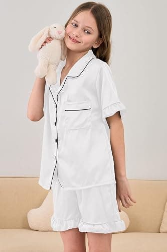 Hupohoi Summer Satin Pajama 2 Pieces Ruffles Sleeve Shorts Loung Sets Button Down Sleepwear for Teen Girls with Pockets thumbnail 6