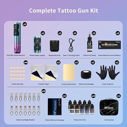EZ Tattoo Kit - Tattoo Gun Kit with Wireless Tattoo Machine Pen, 1800mAh Power Supply Battery, 20Pcs Tattoo Cartridge Needles and 11 Color Inks for Tattoo Beginners and Artists (P2S Pro Purple Blue) thumbnail 5