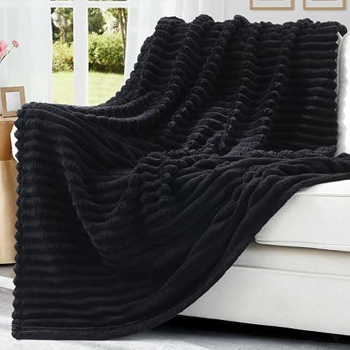 decorUhome Christmas Soft Fleece Black Blanket Queen Size for Bed, Cozy Fluffy Plush Flannel Large Striped Throws for Couch Sofa, Lightweight Decorative Fuzzy Blanket for Woman, 90x90 Inches thumbnail 2