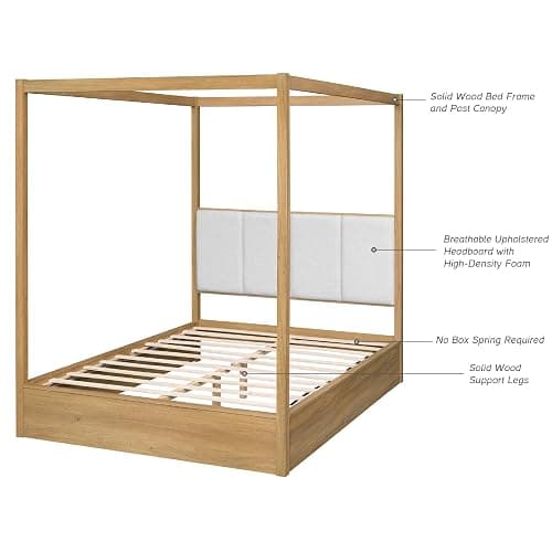 WAMPAT Wood Canopy Bed Frame Queen Size, Oak Bed w/Solid Wood Posters | Modern Wooden Bed Frame w/ 12 Slats & Support Legs, 800 lbs Capacity, No Box Spring Needed, Upholstered Headboard for Bedroom thumbnail 5