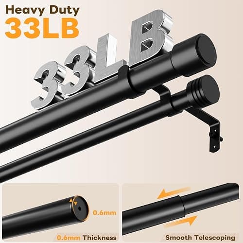 Abiglifty 33 to 120 Inch Double Curtain Rod, 1 Inch Telescoping Double Curtain Rods for Windows, Black Double Curtain Rod with Classic Cap Finial, Black thumbnail 3