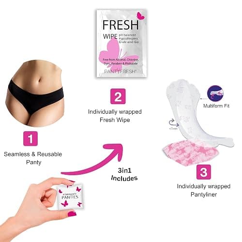 Emergency Panties 4in1 Kit Includes Seamless Bikini Underwear, Fresh Wipe & Liner Accidents Travel On-The-Go Hygiene Toiletry Kit Black Bikini thumbnail 2