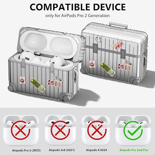 VISOOM Compatible With Airpods Pro 2 Case Cover, Funny Suitcase Design Case for Airpods Pro 2nd/1st Generation (2022/2019), Cute Fashion Protective Hard Case for Women Men with Keychain (Silver) thumbnail 2