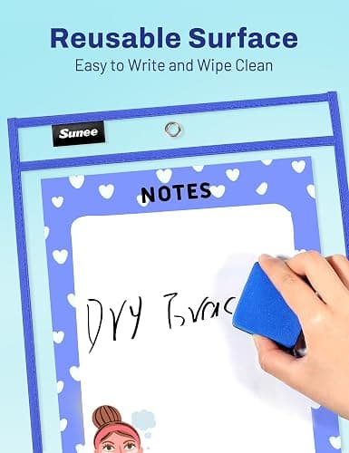 SUNEE 6 Packs Oversized Reusable Dry Erase Pocket Sleeves with Binder Ring, 6 Assorted Colors 10x14 Ticket Holders, Clear Plastic Sheet Protectors, Teacher School Classroom Supplies thumbnail 3