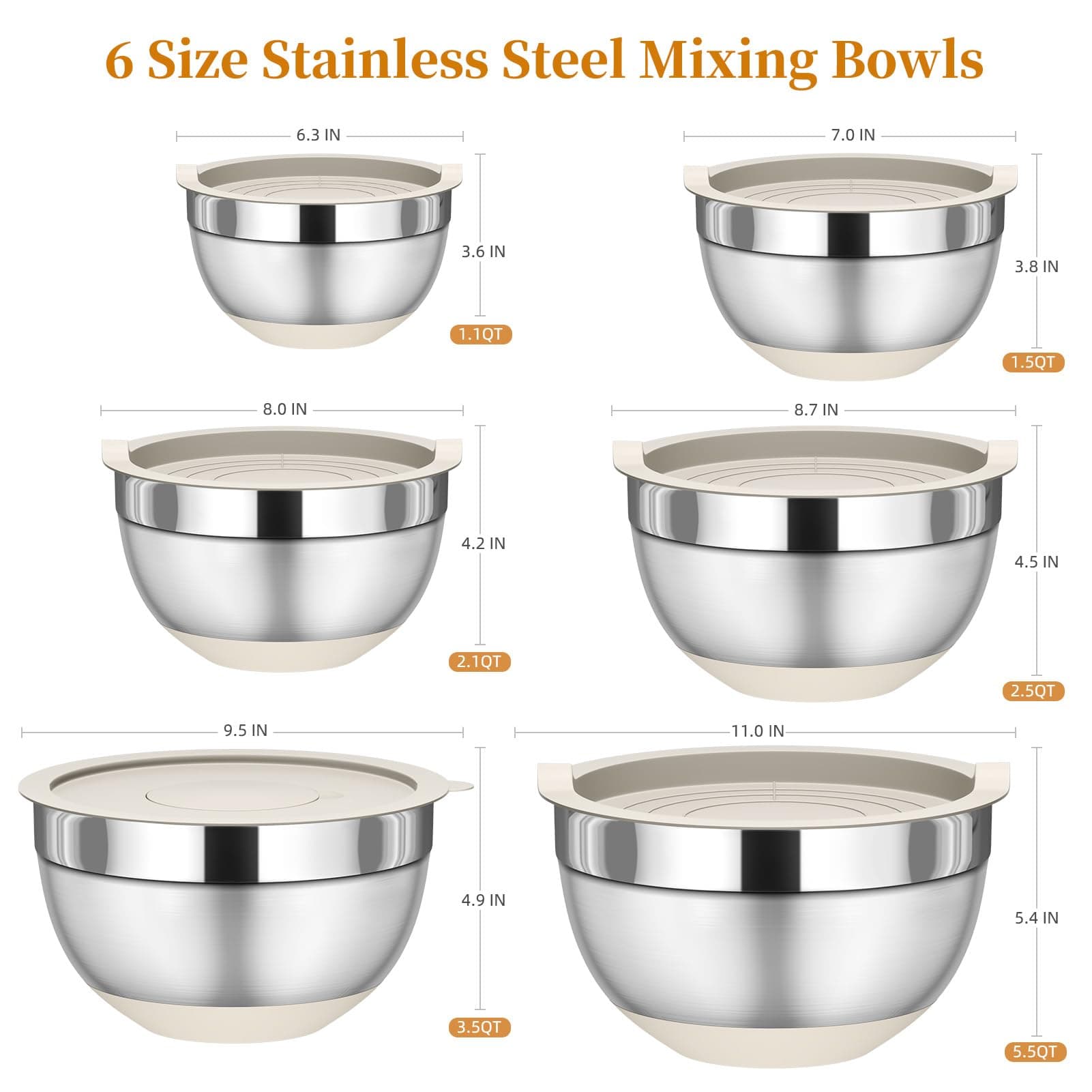 Mixing Bowls with Lids Set, 6 Piece Stainless Steel Nesting Storage Bowls for Kitchen, with 3 Grater Attachments & Non-Slip Bottoms, Size 5.5,3.5,2.5,2.1,1.5,1.1 QT thumbnail 2