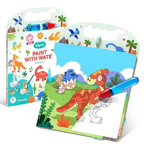 JoyCat Dinosaur Water Coloring Book for Toddlers, 13 Pages, No-Mess | Reusable color-reveal scenes for repeat play, Water pen with holder, Carry handle and closure band for travel, Gift for kids - Image 1