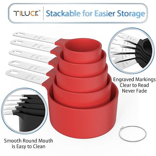 TILUCK Measuring Cups & Spoons Set, Stackable Cups and Spoons, Nesting Measure Cups with Stainless Steel Handle, Kitchen Gadgets for Cooking & Baking（Red） thumbnail 5