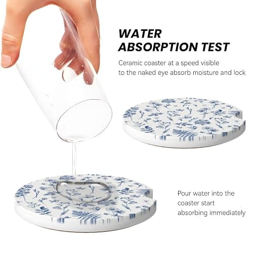 Vintage Blue Flower Car Coasters for Cup Holder Absorbent Ceramic Cup Coaster 2 Pack Anti Slip Car Interior Accessories with Finger Notch Cork Base for Women Men 2.56" thumbnail 4