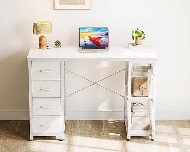 ODK 40 Inch Small White Computer Desk with 4 Fabric Drawers, Modern Office Desk for Home Office Gaming with Storage Shelves Study, White thumbnail 6