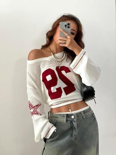 Verdusa Women's Y2k Clothes Going Out Tops Oversized Crochet Jersey Shirts Graphic V Neck Pullover Sweater thumbnail 5