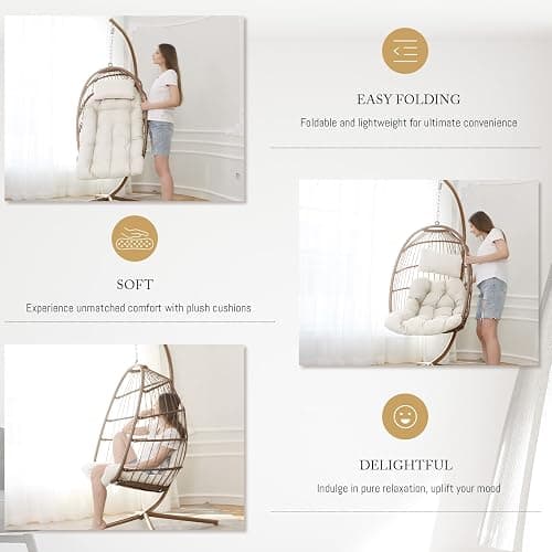BULEXYARD Hanging Egg Swing Chair with Stand Indoor Outdoor 350lbs Capacity, Brown Wicker Hammock Egg Basket Chair with Beige Thickened Cushion for Bedroom Balcony Garden Porch Patio thumbnail 3